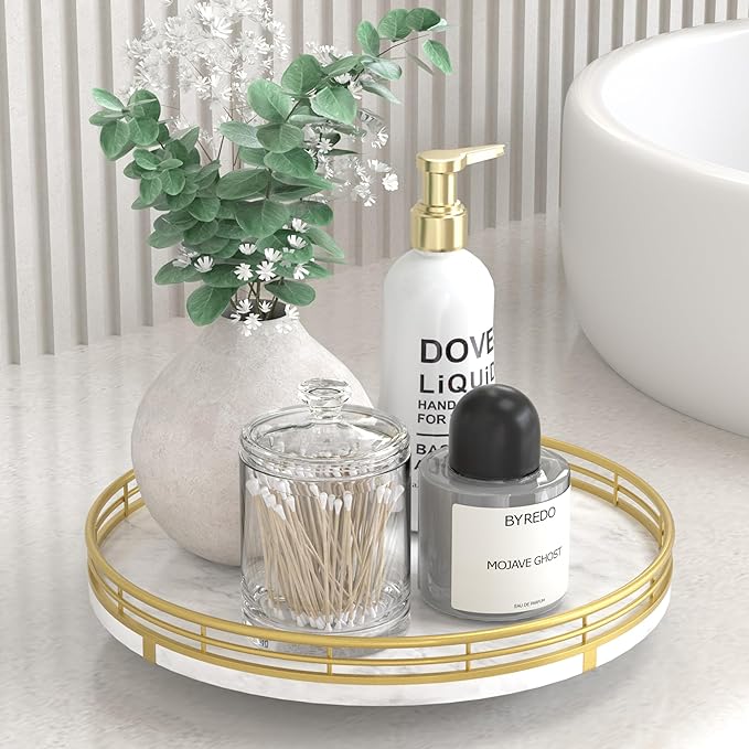 White Marble Lazy Susan Turntable for Table Top – 10” Round Marble Tray Organizer for Bathrroom, Vanity, Dining Table, Kitchen Countertop & Bar, Luxury Stone Serving Tray with Gold Frame