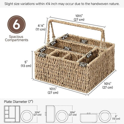 StorageWorks Wicker Silverware Organizer with Handle, Seagrass Kitchen Utensil Holder, Large Utensil Holder for Kitchen Counter, Spoon Forks Knife Cutlery Caddy, Paper Plate Dispenser for Countertop