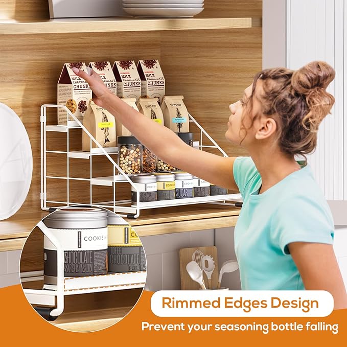 Spice Rack Organizer for Cabinet, 4 Tiered Spice Rack Organizer, Tiered Adjustable Spice Shelf for Kitchen (White-2Pcs)
