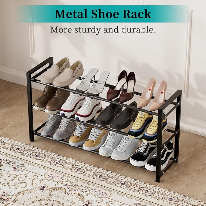 EKETE Expandable Shoe Rack,Adjustable and Stackable 3-Tier Shoe Rack Organizer, Shoe Rack for Closet,Small Shoe Rack,Metal Free Standing Shoe Rack for Entryway,Hallway,Closet Shoe Storage