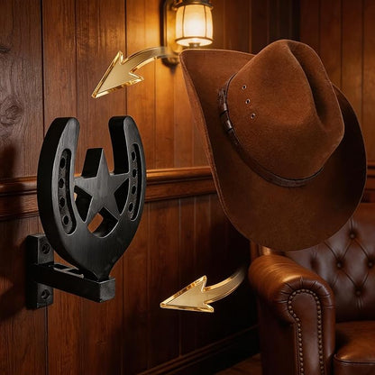 Horseshoe Cowboy Hat Holder for Wall – Rustic Wooden Western Hat Rack, Wall Mounted Hat Organizer for Cowboy Hats, Fedora, Baseball Caps – Farmhouse Entryway Closet Decor (Black)