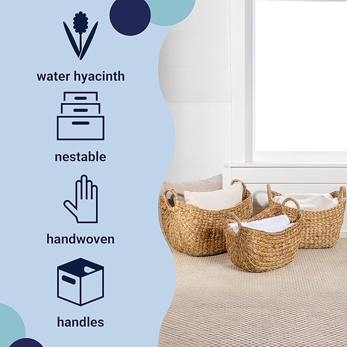 happimess BSK2002A-3SET Nellie Farmhouse Classic Handwoven Hyacinth Boat Wicker Storage Baskets with Handles, Natural (Set of 3), Seagrass Containers for Decoration in Living Room, Bedroom