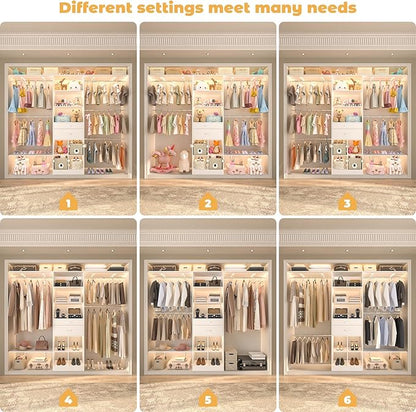 Besiost Closet System - 8FT Closet Organizer System with Wooden Drawers, 96" Closet Systems for Walk-In Closets with Cuttable Hanging Shelving, White