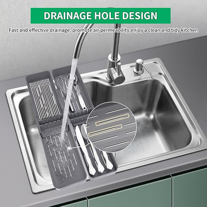 Kitchen Drawer Silverware Organizer, Adjustable Cutlery Organizer, Expandable Utensils Holder, Silverware Dividers Tray, Storage for Flatware, Large Drain Board (Gray,2 Sets)