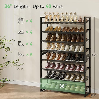 Nunsino Shoe Rack,8 Tier Metal Shoe Organizer,Max Holds 40 Pairs,Heavy Duty Shoes Shelf for Garage, Entryway, Closet,Black