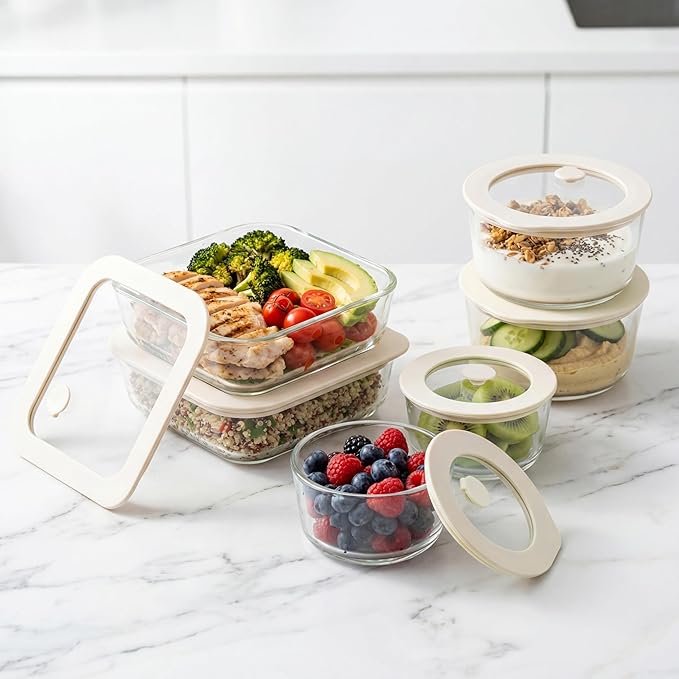 Urban Green Glass Food Container Set with Glass Lid, 6 Pack, Food Storage Containers Set, Airtight, LeakProof, Micowave Safe, 100% Plastic Free, Meal Prep Containers (White Color)