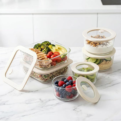 Urban Green Glass Food Container Set with Glass Lid, 6 Pack, Food Storage Containers Set, Airtight, LeakProof, Micowave Safe, 100% Plastic Free, Meal Prep Containers (White Color)