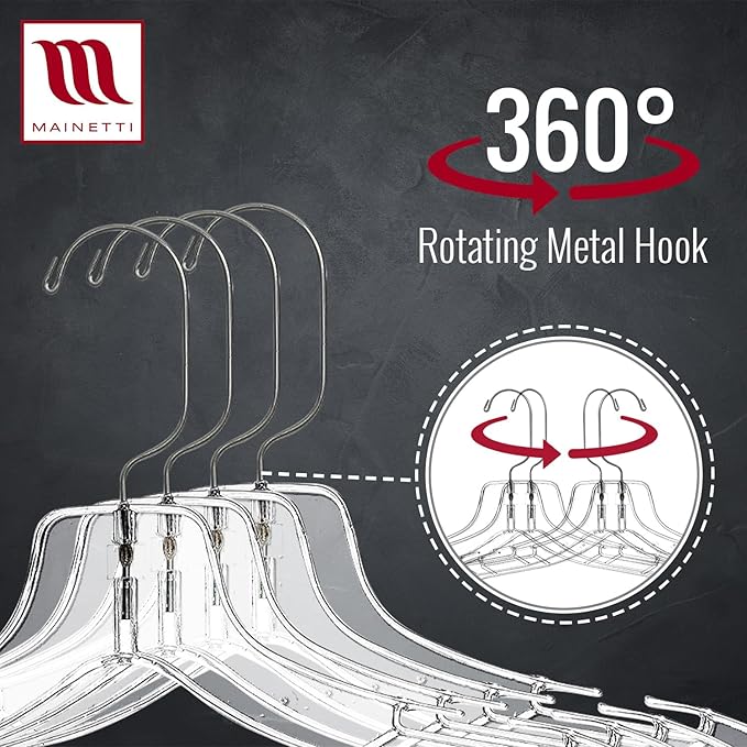 Mainetti Clear Plastic Clothes Hangers 100 Pack | 17-Inch Space Saving Hangers with 360 Swivel Metal Hook & Notches for Straps | Closet Hangers Ideal for Shirts, Tops, Dresses and Jackets (5400SCR)