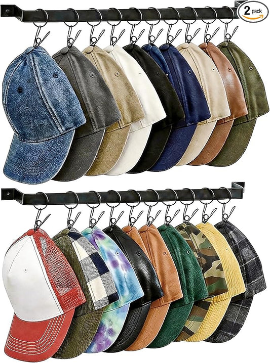 Hat Rack for Wall Baseball Cap Set of 2, Metal Hat Hanger with Steel Clips, Wall Mount Cowboy Hat Storage Display Sock Scarf Organizer for Door Closet Entryway Bedroom