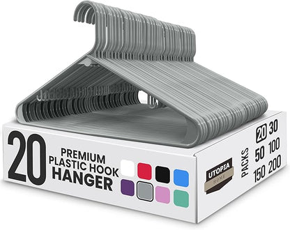 Utopia Home Plastic Hangers 20 Pack - Space Saving Clothes Hanger - Durable & Strong Closet Organizers and Storage with Built-in Strap Hooks - Essential for Shirts, Pants, Skirts & Coats (Grey)
