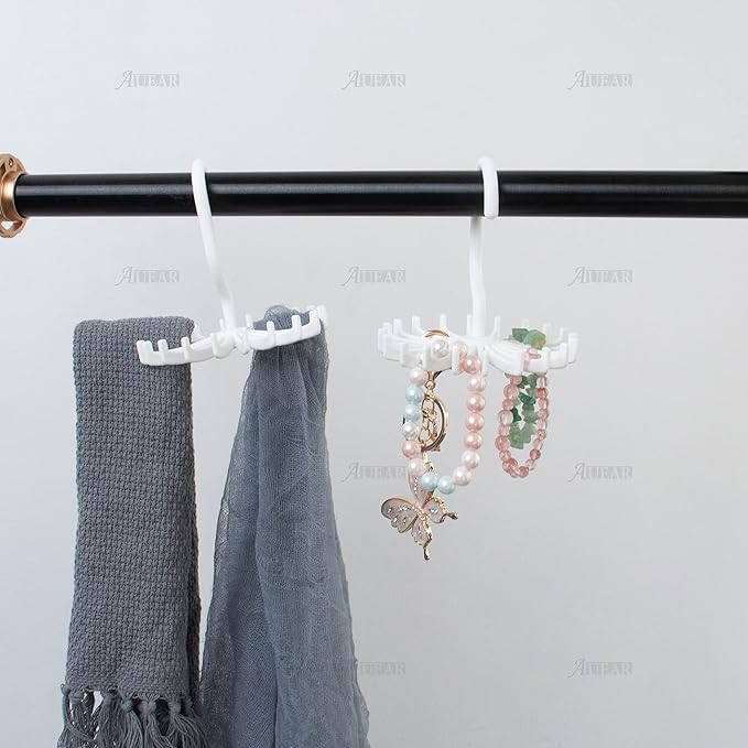 AUEAR, 8 Pack 360 Degree Rotating Scarf Hanger 20 Hooks Twirl Plastic Ties for Women Men Home Bedroom Supplies (White)