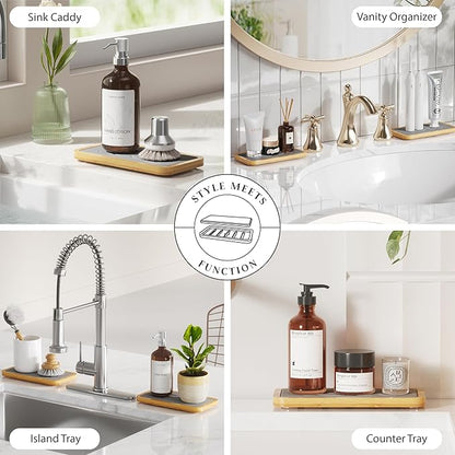 Water Absorbing Stone Tray for Sink, Kitchen Sink Caddy Organizer, Diatomite Bathroom Vanity Counter Tray, Soap Dispenser Sponge Holder, Fast Drying Stone Faucet Mat with Bamboo Tray