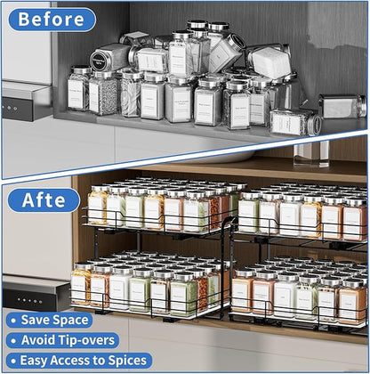 BOIVSHI 2-Tier Pull Out Spice Rack, Spice Rack Organizer, Pull Out Spice Racks for Inside Cabinets, Height Adjustable Heavy Duty Metal Basket for Inside Cabinet & Pantry (13.5''Wx10.5''Dx9.5''H)
