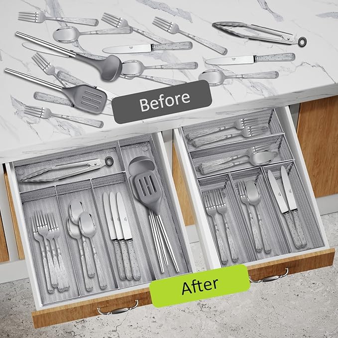 Neudeco Drawer Organizer Set 6 Pack - 5-Compartment Silverware Organizer Tray + 5 Utensil Trays, Kitchen Drawer Organizer for Flatware, Cutlery, Office Supplies, Silver Mesh, Non-Slip