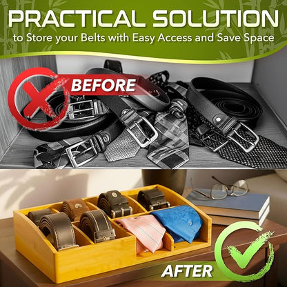 Belt Organizer for Closet and Drawer – 8 Compartments Bamboo Storage Box for Belts and Ties – Eco-Friendly Natural Bamboo