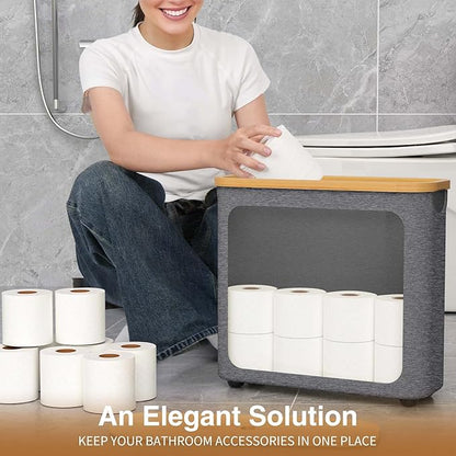 Toilet Paper Storage with Bamboo Lid,Foldable Basket Organizer for Bathroom, Holds 9 Mega/12 Regular Rolls, Waterproof Toilet Paper Holder Storage with Non-Slip Base,Gray