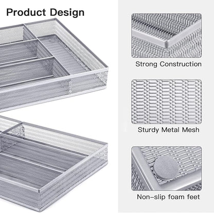Neudeco Drawer Organizer Set 5 Pack - 4-Compartment Silverware Organizer Tray + 4 Utensil Trays, Kitchen Drawer Organizer for Flatware, Cutlery, Office Supplies, Silver Mesh, Non-Slip,Silver