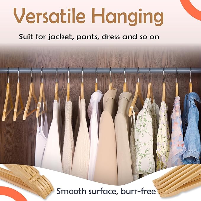 Solid Wooden Hangers 30 Pack, Wood Suit Hangers with Extra Smooth Finish, Precisely Cut Notches & Chrome Swivel Hook, Wooden Clothes Hangers for Shirt Coat Jacket Dress, Natural