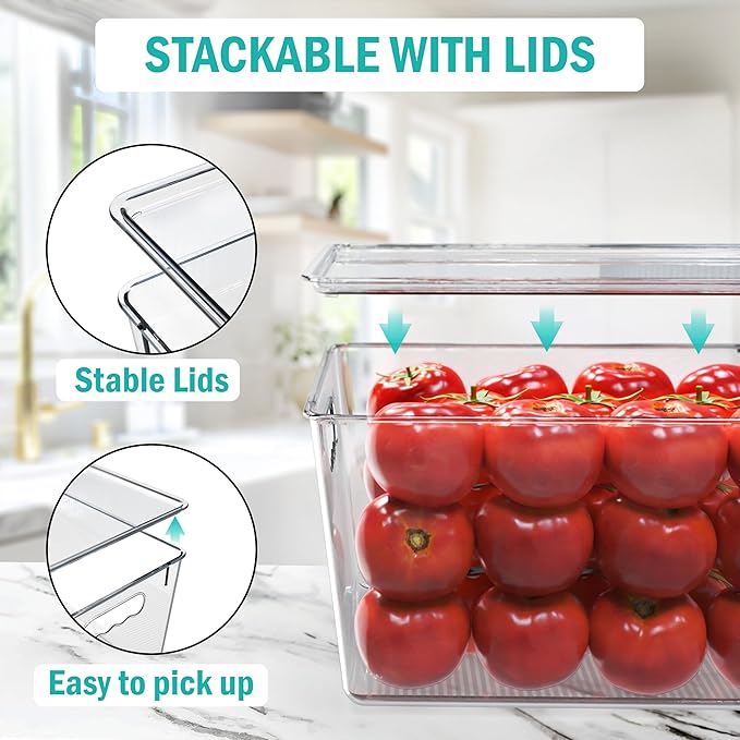 YAN & HIN 4 Pack Clear Storage Bins with Lids, Stackable Plastic Organizer Bins with Handles, Pantry Organizers and Storage for Kitchen Cabinet, Fridge, Bathroom, Closet and Shelf Organization