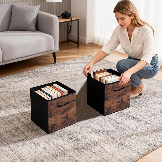 WUIKE 11-Inch Storage Cube Bins, Rust Brown Cubby Organizer Baskets with Handles, Collapsible Storage Bins for Shelves and Closet, 4-Pack