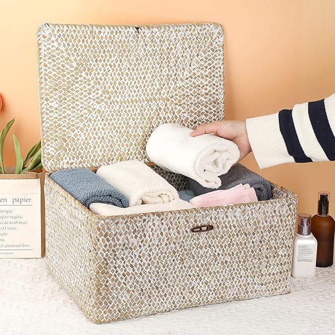 Hipiwe Wicker Woven Baskets Bin with Lid Natural Seagrass Basket Storage Bin Rectangular Household Basket for Shelf Wardrobe Home Decor, Whitewash, X-Large