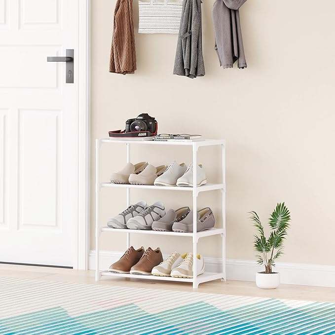 4-Tier Small Shoe Rack Space Saving Shoe Shelf Storage Organizer for Entryway Hallway Closet Bathroom Garage,Stackable Shoe Stand(White)
