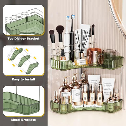 Asayuee 2-Tier Corner Bathroom Counter Organizer with Top Toothbrush Holders,Large Makeup Organizer Countertop with Brush Holder,Skincare Organizers Corner,Exquisite Vanity Organizer(Green, 2 Tier)