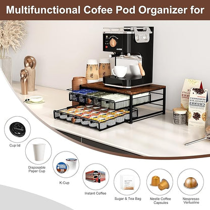 Coffee Bar Organizer, 60 Capacity K Cup Organizer for Countertop, 2 Tier Sliding Coffee Pod Storage Drawer with Disposable Cup & Lid Holder, Black