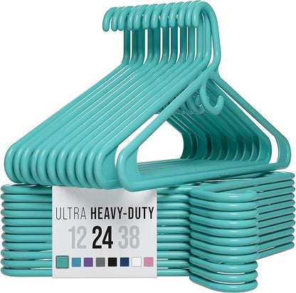 NEATERIZE Thick Heavy Duty Hangers - Aqua Plastic Clothes Hangers 24 Pack - Great for Coat Hanger, Jackets Jeans & Suit Hanger for Closet - New Apartment Essentials Percheros Ganchos para Colgar Ropa