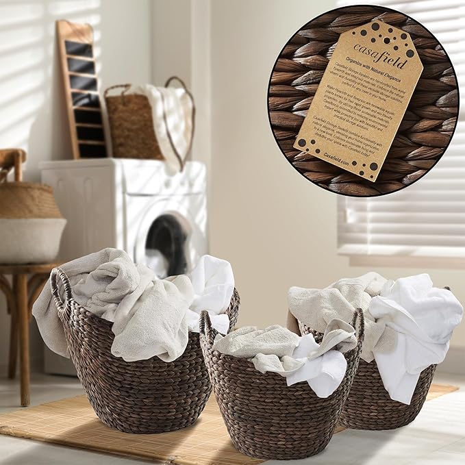 Casafield Set of 3 Multipurpose Boat Baskets with Handles - Espresso, Woven Water Hyacinth Storage Organizers for Throw Blankets, Bedroom, Laundry