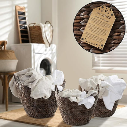 Casafield Set of 3 Multipurpose Boat Baskets with Handles - Espresso, Woven Water Hyacinth Storage Organizers for Throw Blankets, Bedroom, Laundry