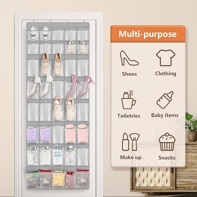 FENTEC 40 Large Pockets Over The Door Shoe Organizer, Mesh Hanging Shoe Organizer Shoe Rack for Closet Mesh Closet Shoe Holder, Over Door Organizer, Shoe Organizer for Wall, Grey, 1 Pack