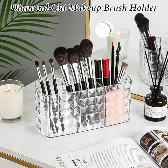2 Pcs Makeup Brush Holder for Vanity Acrylic Makeup Brush Organizer 3 Compartment Cosmetic Organizer Clear Vanity Organizers for Brushes Pencils Pens Bathroom Living Room Desk