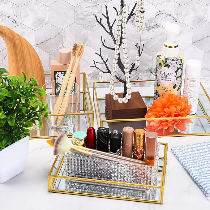 Jetec 3 Pieces Mirror Glass Vanity Tray Gold Ornate Makeup Tray Metal Vintage Octagonal Perfume Dresser Trays for Dresser Bedroom Bathroom Hotel, 3 Sizes