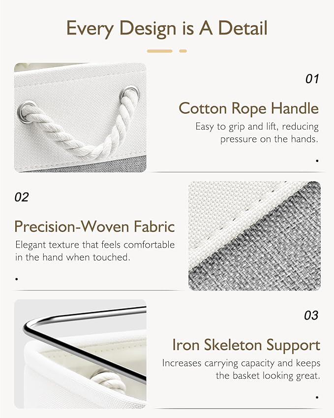Patvingot 11 Inch Cube Storage Bins, 4 Pack Fabric Storage Cubes with Rope Handles, Organizer Baskets for Closet Shelves, Clothes and Home Organization(White/Gray)
