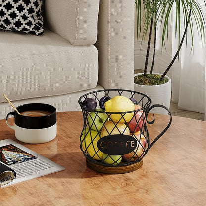 YINMIT K Cup Holder Organizer, Rustic Coffee Pod Holder Organizer, 35 Kcup Holder for Counter with Handle，Large Capacity Black Wire Coffee Capsule Basket for Kitchen Office Desktop (Circular Grid)