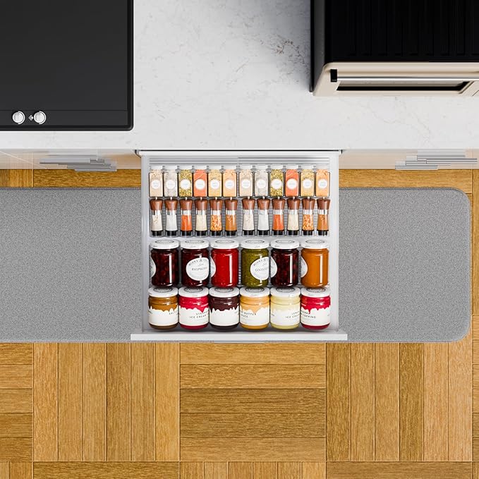Yieach 4 Pack Adjustable In Drawer Spice Organizer - Expandable From 11" to 22" - Clear Acrylic Seasoning Organizer with Jars for Kitchen Drawer,Horizontal Tiered Kitchen Spice Organization & Tray
