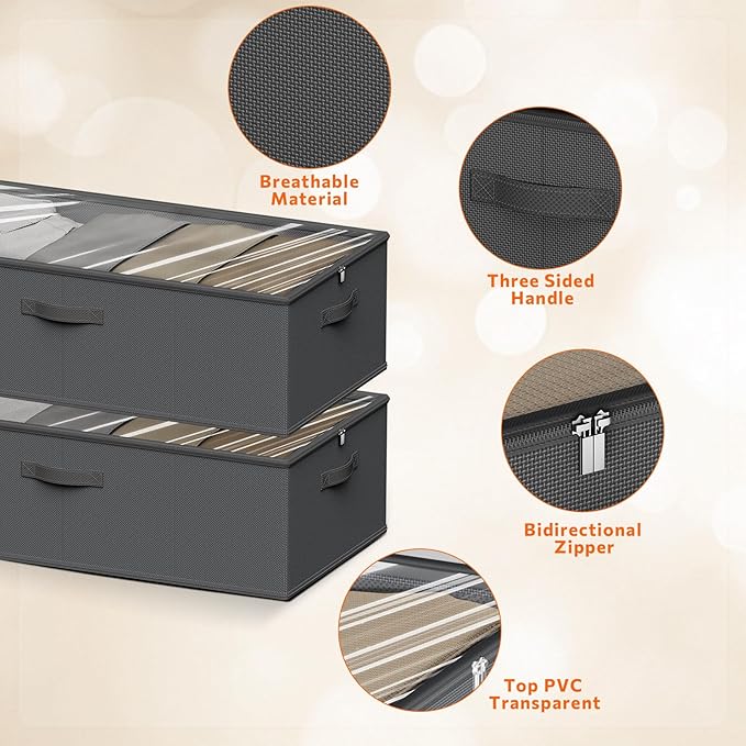 10inch 3 Pack Under Bed Storage Containers, 10 Inch Tall Underbed Clothes Storage Organizer Bin with Clear Window，Foldable Box Basket for Clothes, Closet, Bed Sheets and Blankets Black