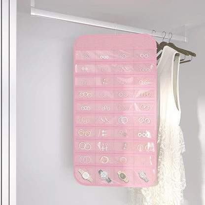 2-Pack Hanging Jewelry Organizer Storage, 40 Pockets 36 Hooks Necklace Earring Necklace Bracelet Ring Organizer, Double - Sided Design, Pink