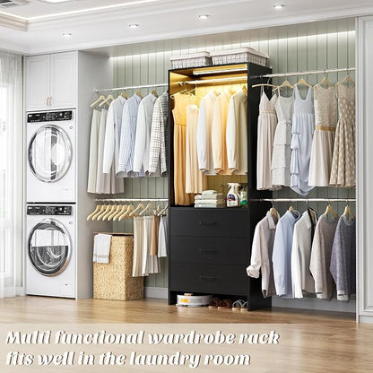 Aheaplus Closet System with Motion-Sensing Light, 3 Wooden Drawers and 4 Hanging Rods, Customizable Walk-in Closet Organizer with 3CCT LED, Heavy Duty Garment Rack for Bedroom,Black