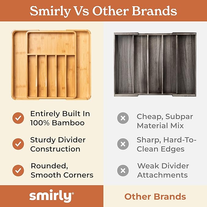 SMIRLY Silverware Drawer Organizer – Bamboo Kitchen Drawer Organizer, Adjustable Utensil Holder and Cutlery Tray, Drawer Dividers for Flatware and Kitchen Utensils | Adjustable