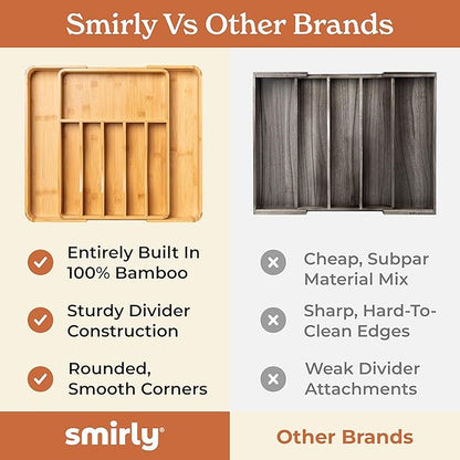 SMIRLY Silverware Drawer Organizer – Bamboo Kitchen Drawer Organizer, Adjustable Utensil Holder and Cutlery Tray, Drawer Dividers for Flatware and Kitchen Utensils | Adjustable