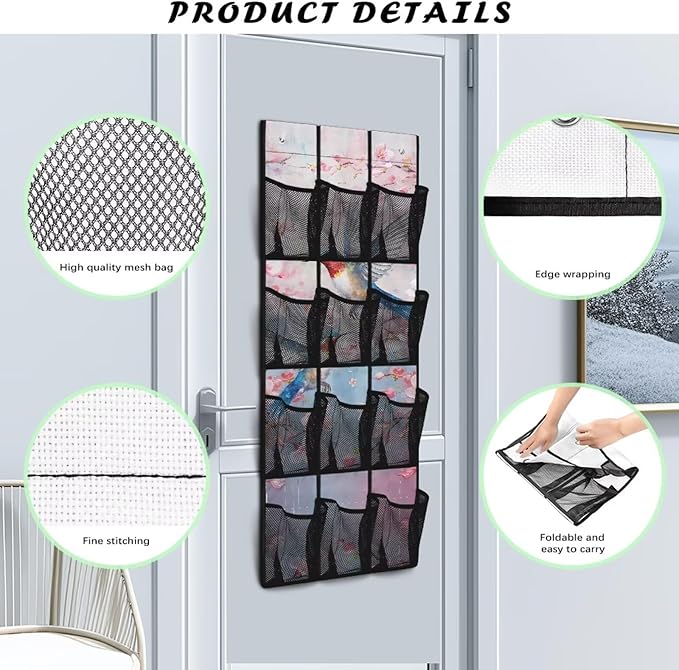 Hummingbird Over Door Organizer Breathable Mesh Pockets Shoe Rack for Over Door 4-Shelf Hanging Storage Bags Wall Mount Closet Organizer for Small Spaces Apartment