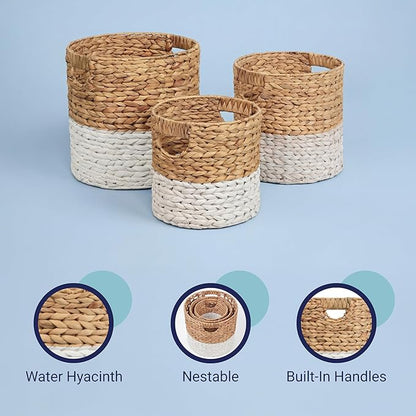 happimess BSK2011E-3SET Avery Bohemian Cottage Handwoven Hyacinth Cylinder Nesting Baskets with Handles, Natural/White (Set of 3)