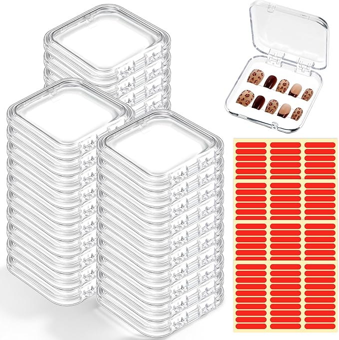 30pcs Press on Nail Case, Nail Storage Box Clear Acrylic Nails Display Box Packaging Fake Nails Storage Case with 90 Pcs Adhesive Double Sided Tape for Fake Nail-Storages,Display-/2.95*2.95inch