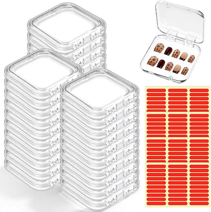 30pcs Press on Nail Case, Nail Storage Box Clear Acrylic Nails Display Box Packaging Fake Nails Storage Case with 90 Pcs Adhesive Double Sided Tape for Fake Nail-Storages,Display-/2.95*2.95inch