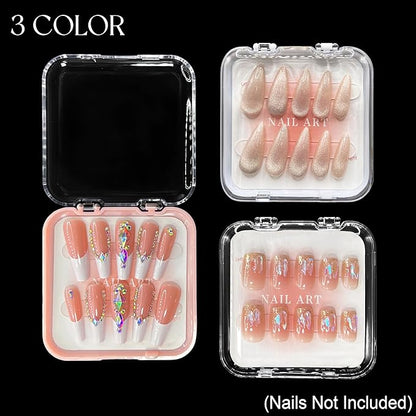 Qsnidy 9 Pcs Press On Nail Storage Box in 3 Colors, Acrylic Fake Nail Case with 9 Display Cards and 2 Sheets of Double-Sided Adhesive Tape (20 Strips) for Nail Art Home Salon Packaging Use
