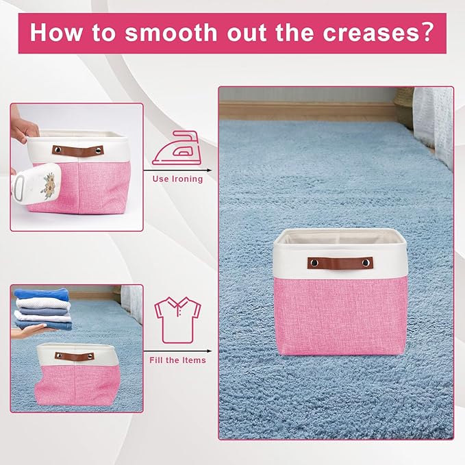 Bagnizer Storage Bins Large Fabric Storage Baskets for Shelves 3 Pack, Decorative Linen Closet Baskets with Handles for Organizing, Shelf, Clothes, Home, Office, 15x11x9.5Inches (Pink&White)