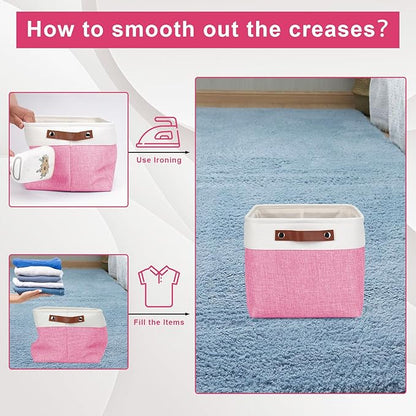 Bagnizer Storage Bins Large Fabric Storage Baskets for Shelves 3 Pack, Decorative Linen Closet Baskets with Handles for Organizing, Shelf, Clothes, Home, Office, 15x11x9.5Inches (Pink&White)