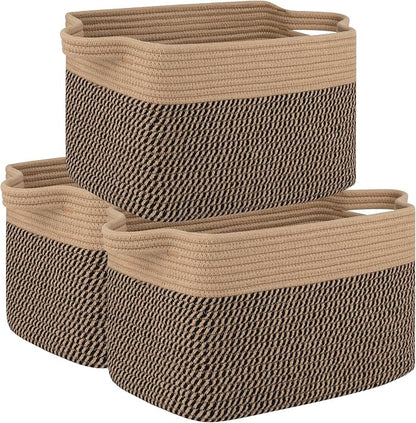 OIAHOMY 3 Pack Storage Basket for Organizing, 13''X9.85''X8.7'' Storage Bins,Woven Basket Basket with Handles, Toy Storage Basket Bin,Stylish Room Decor Basket, Brown & Black
